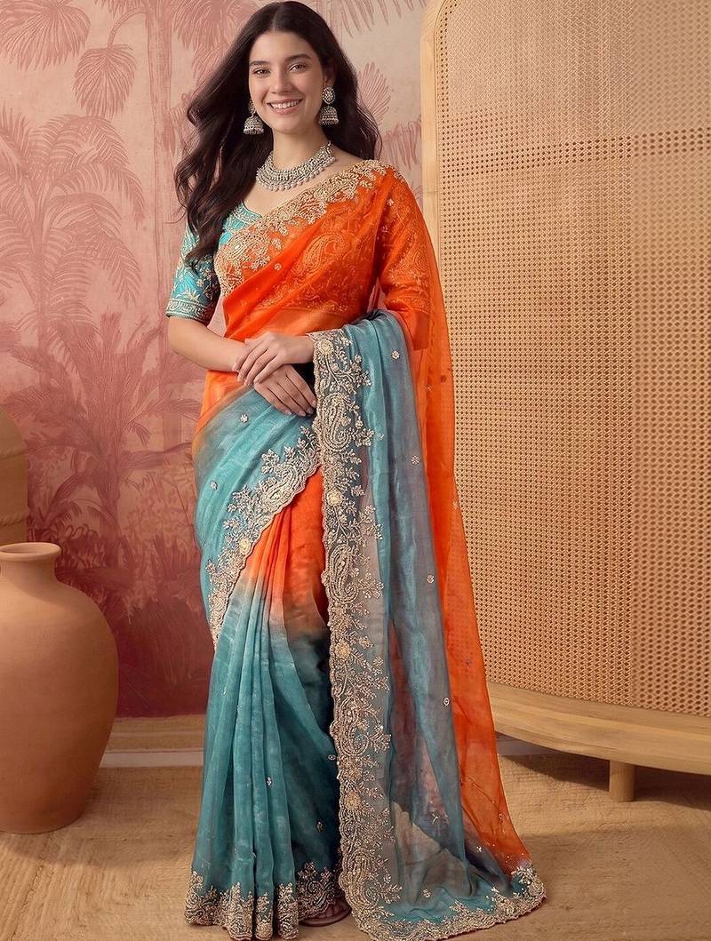 Multicolor ombre embroidered poly chiffon saree