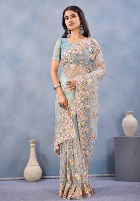 Designer sea green resham zarkan stone embroidery work net saree 3