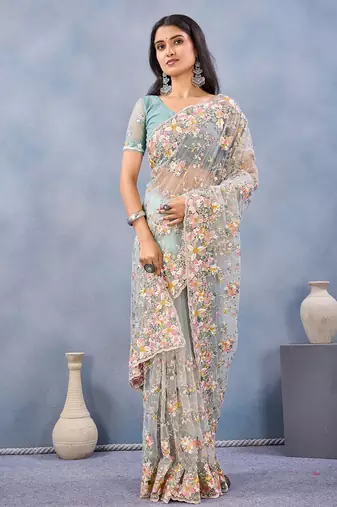Designer sea green resham zarkan stone embroidery work net saree