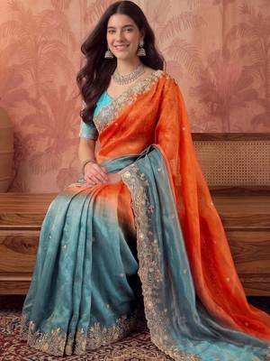 Multicolor ombre embroidered poly chiffon saree 3