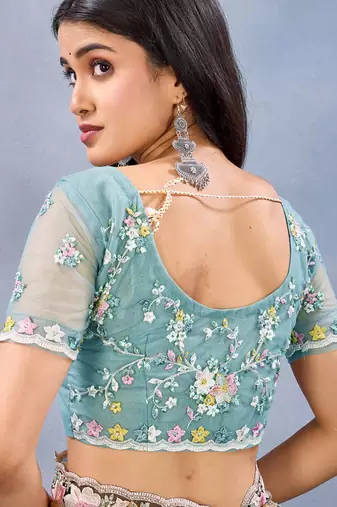 Designer sea green resham zarkan stone embroidery work net saree