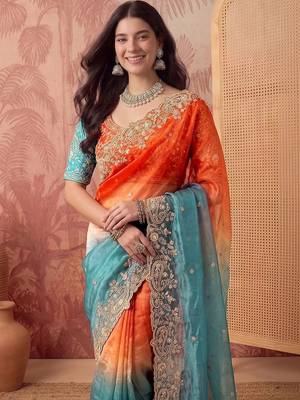 Multicolor ombre embroidered poly chiffon saree 5