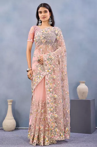 Designer peach resham zarkan stone embroidery work net saree