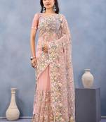 Designer peach resham zarkan stone embroidery work net saree
