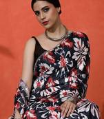 Black mirror work floral printed digital printed satin saree with blouse piece
