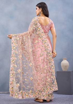 Designer peach resham zarkan stone embroidery work net saree 2