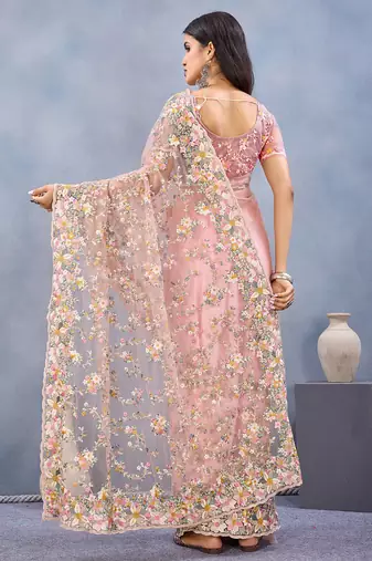 Designer peach resham zarkan stone embroidery work net saree