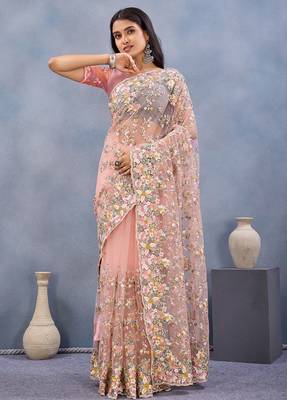 Designer peach resham zarkan stone embroidery work net saree 3