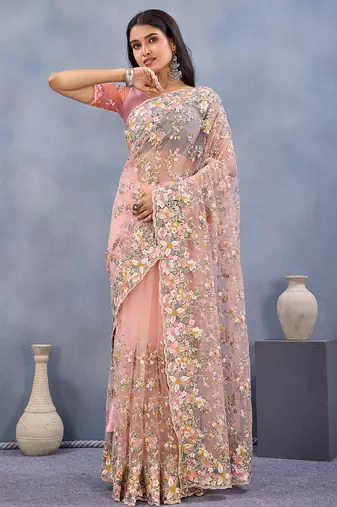 Designer peach resham zarkan stone embroidery work net saree