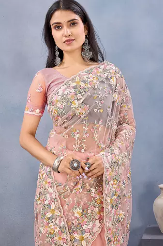 Designer peach resham zarkan stone embroidery work net saree