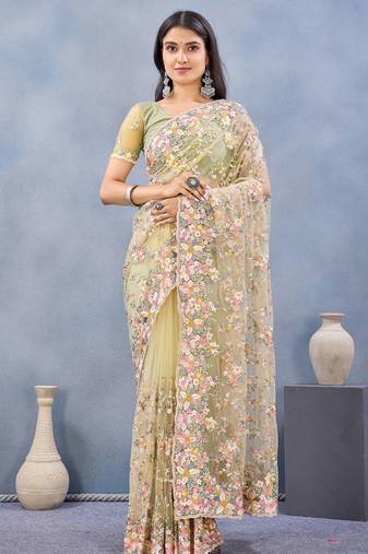 Designer lemon resham zarkan stone embroidery work net saree