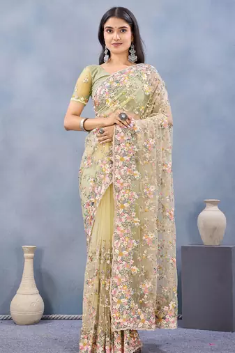 Designer lemon resham zarkan stone embroidery work net saree