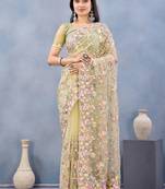 Designer lemon resham zarkan stone embroidery work net saree