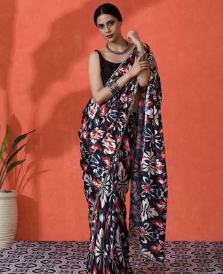 Black mirror work floral printed digital printed satin saree with blouse piece 5