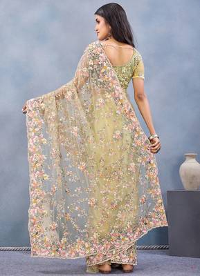 Designer lemon resham zarkan stone embroidery work net saree 2