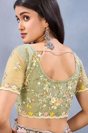 Designer lemon resham zarkan stone embroidery work net saree