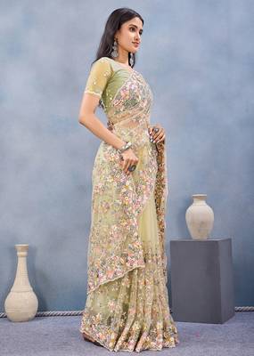 Designer lemon resham zarkan stone embroidery work net saree 4