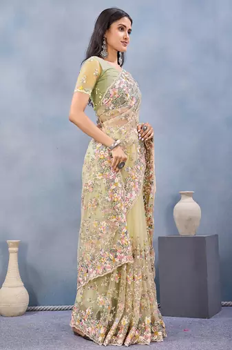 Designer lemon resham zarkan stone embroidery work net saree
