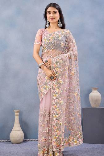 Designer dusty pink resham zarkan stone embroidery work net saree