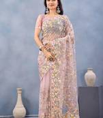 Designer dusty pink resham zarkan stone embroidery work net saree