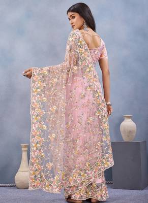 Designer dusty pink resham zarkan stone embroidery work net saree 2