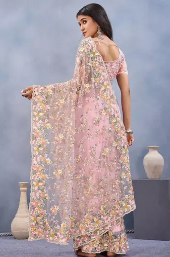 Designer dusty pink resham zarkan stone embroidery work net saree