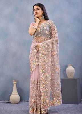 Designer dusty pink resham zarkan stone embroidery work net saree 3