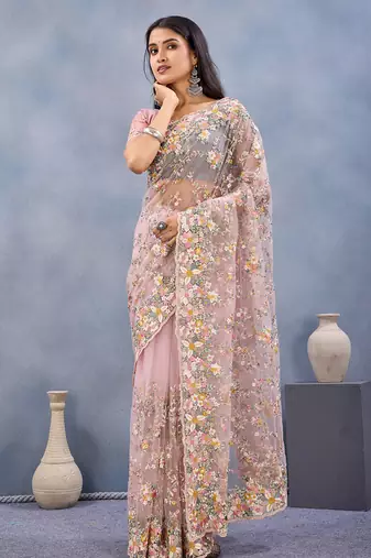 Designer dusty pink resham zarkan stone embroidery work net saree