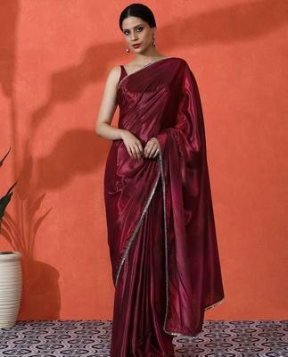 Maroon mirror work floral printed digital printed satin saree with blouse piece 1