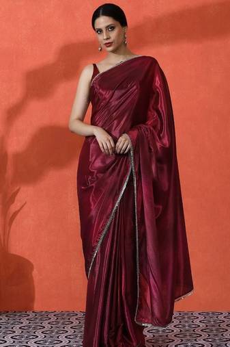 Maroon mirror work floral printed digital printed satin saree with blouse piece