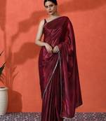 Maroon mirror work floral printed digital printed satin saree with blouse piece