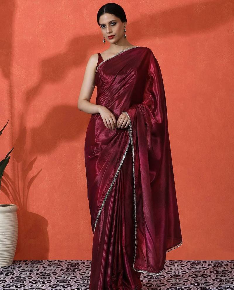 Maroon mirror work floral printed digital printed satin saree with blouse piece