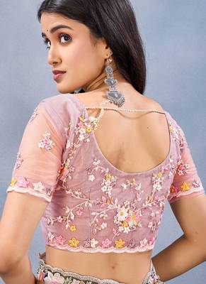 Designer dusty pink resham zarkan stone embroidery work net saree 4