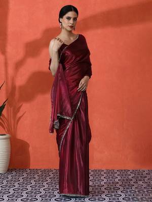 Maroon mirror work floral printed digital printed satin saree with blouse piece 2