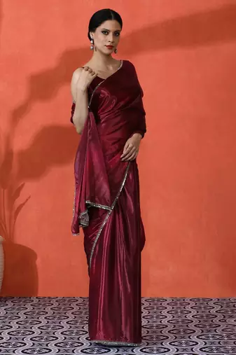 Maroon mirror work floral printed digital printed satin saree with blouse piece