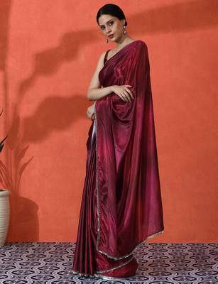 Maroon mirror work floral printed digital printed satin saree with blouse piece 3