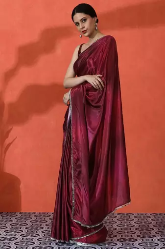 Maroon mirror work floral printed digital printed satin saree with blouse piece
