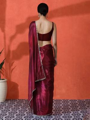 Maroon mirror work floral printed digital printed satin saree with blouse piece 4
