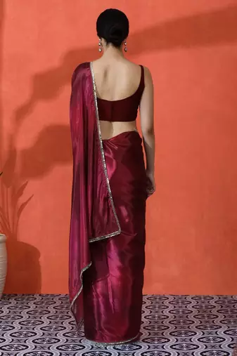 Maroon mirror work floral printed digital printed satin saree with blouse piece