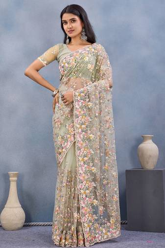 Designer pista resham zarkan stone embroidery work net saree