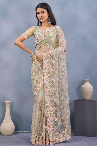 Designer pista resham zarkan stone embroidery work net saree