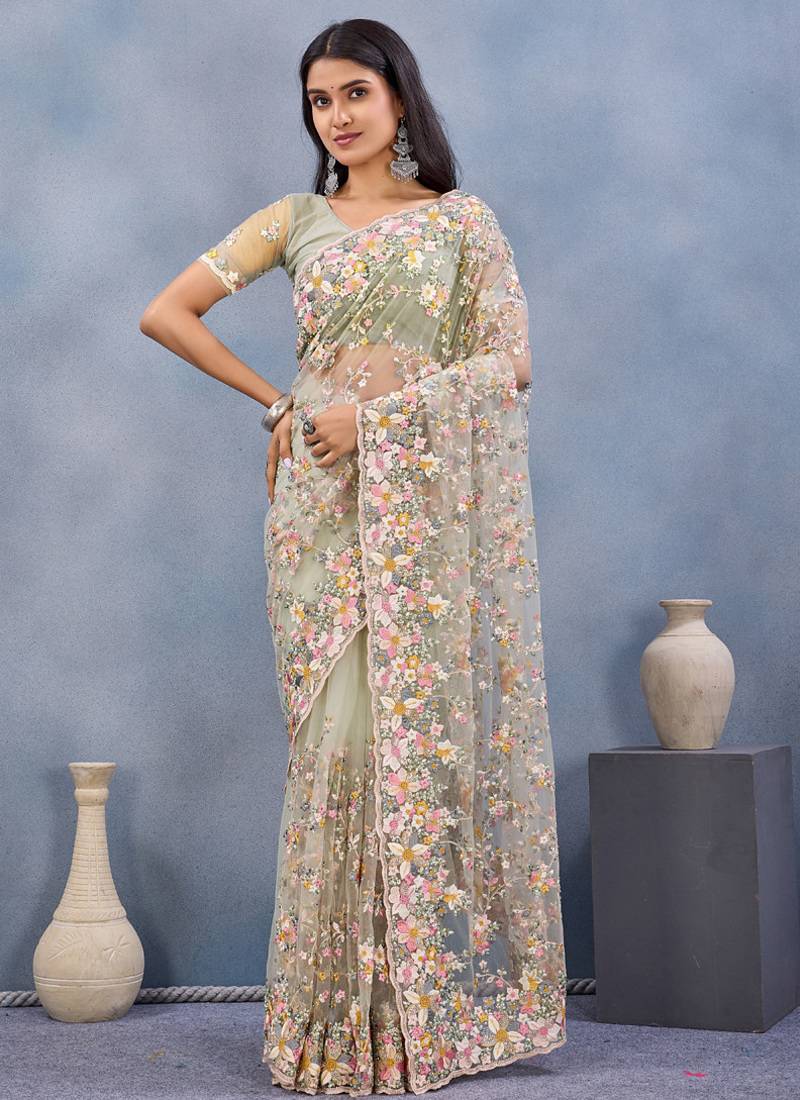 Designer pista resham zarkan stone embroidery work net saree