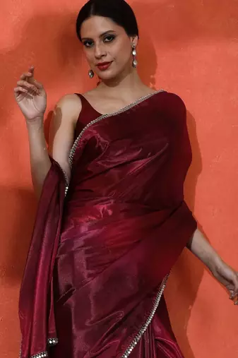 Maroon mirror work floral printed digital printed satin saree with blouse piece