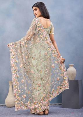 Designer pista resham zarkan stone embroidery work net saree 2