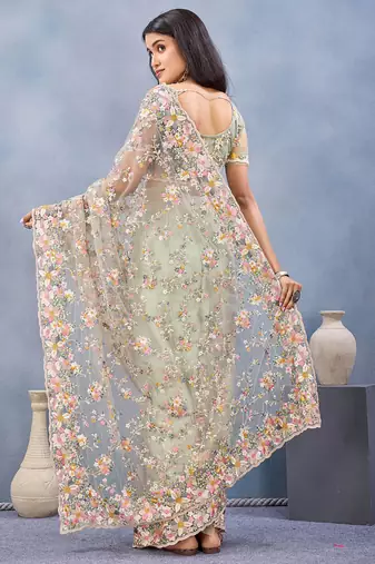Designer pista resham zarkan stone embroidery work net saree