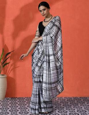 White mirror work checked printed digital printed satin saree with blouse piece 1