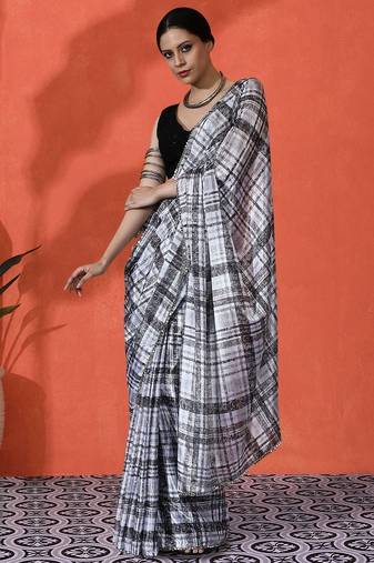 White mirror work checked printed digital printed satin saree with blouse piece