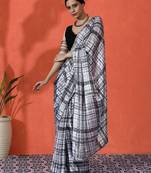 White mirror work checked printed digital printed satin saree with blouse piece