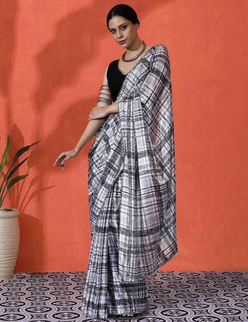 White mirror work checked printed digital printed satin saree with blouse piece