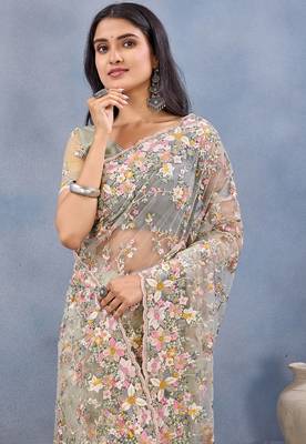 Designer pista resham zarkan stone embroidery work net saree 4